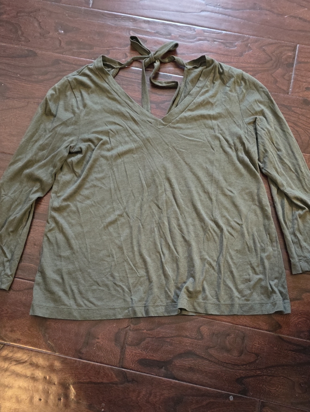 LOFT Olive V-Neck Long Sleeve Tie-Back Top